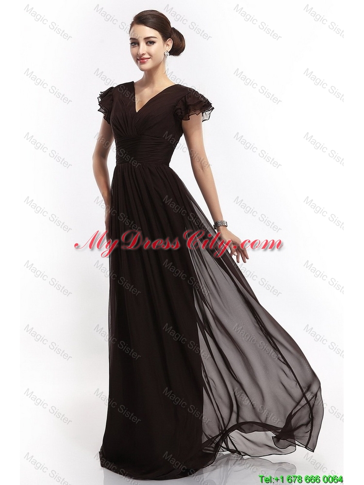 Hot Sale V Neck Ruching Empire Brush Train Prom Dresses in Black