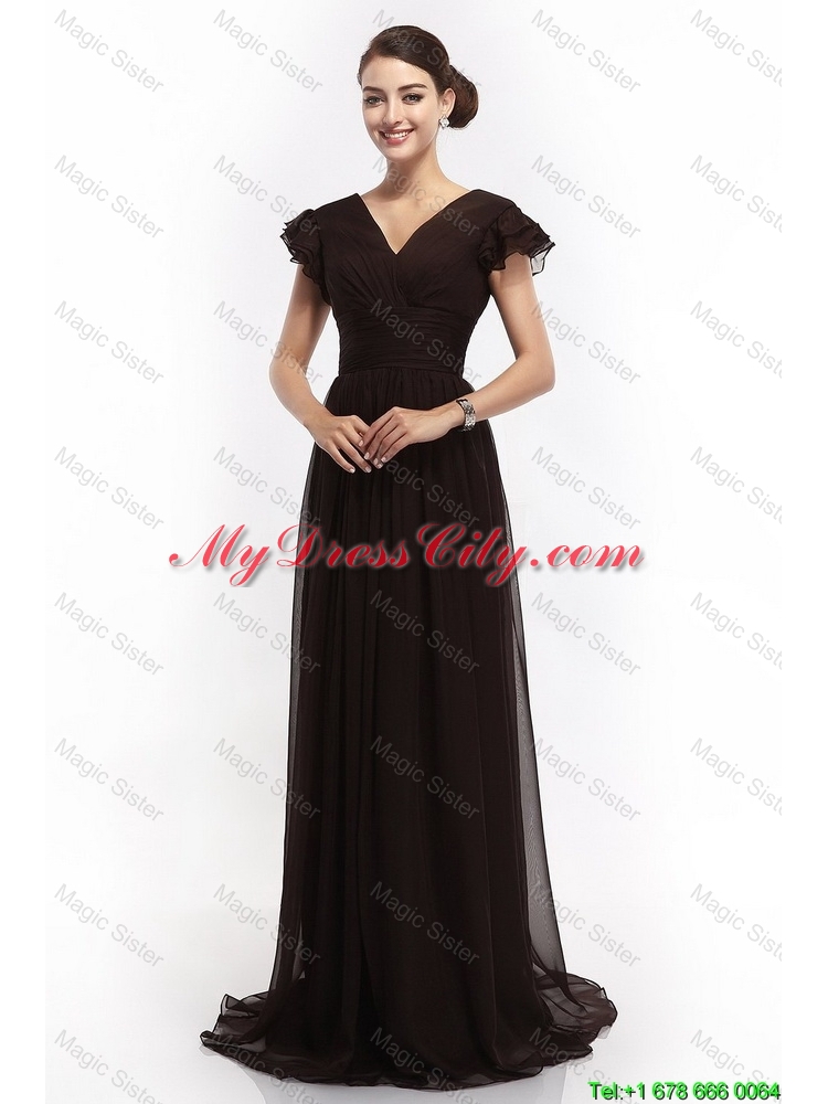 Hot Sale V Neck Ruching Empire Brush Train Prom Dresses in Black