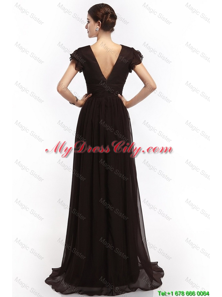 Hot Sale V Neck Ruching Empire Brush Train Prom Dresses in Black