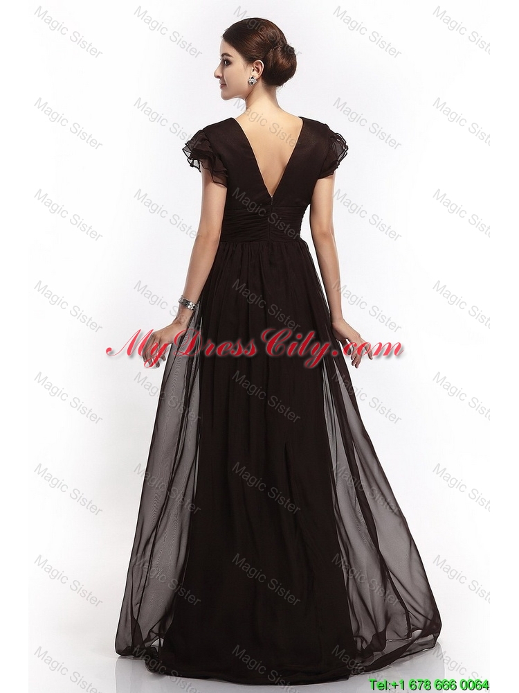 Hot Sale V Neck Ruching Empire Brush Train Prom Dresses in Black