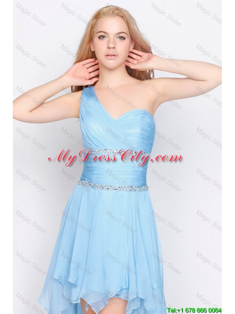 Affordable One Shoulder Beading High Low Prom Dresses in Baby Blue