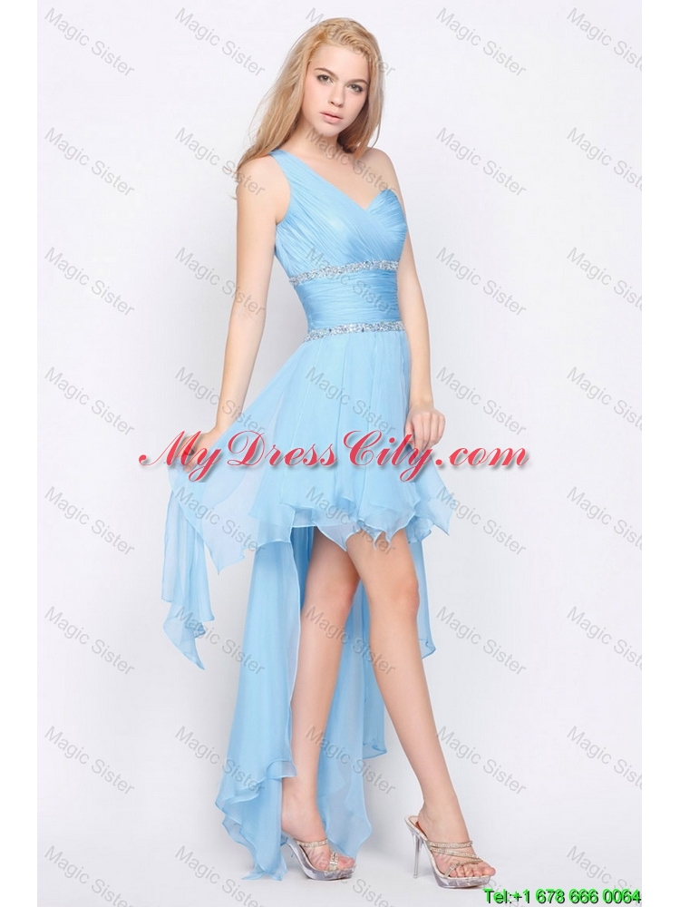 Affordable One Shoulder Beading High Low Prom Dresses in Baby Blue