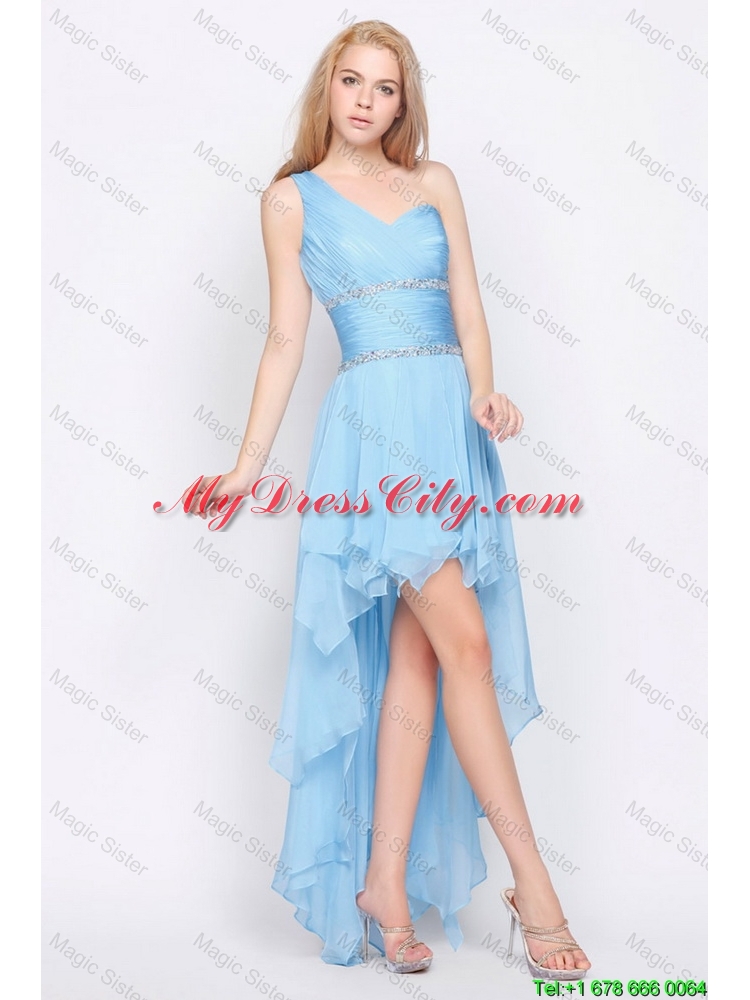 Affordable One Shoulder Beading High Low Prom Dresses in Baby Blue