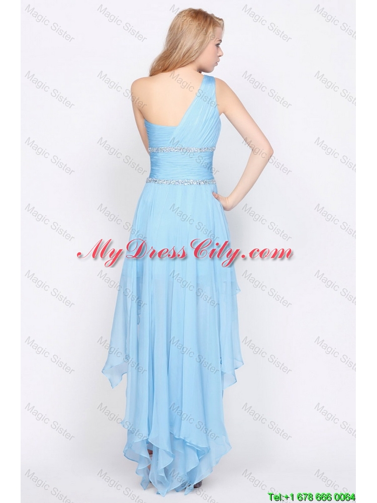 Affordable One Shoulder Beading High Low Prom Dresses in Baby Blue