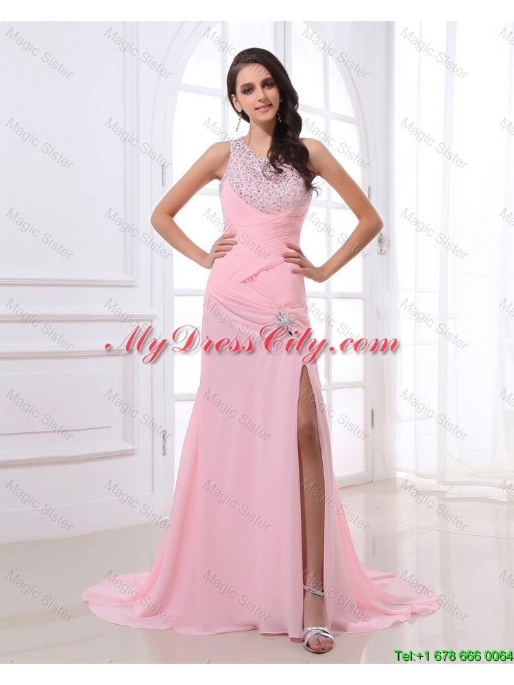 Cheap Column Brush Train Prom Dresses with High Slit and Beading