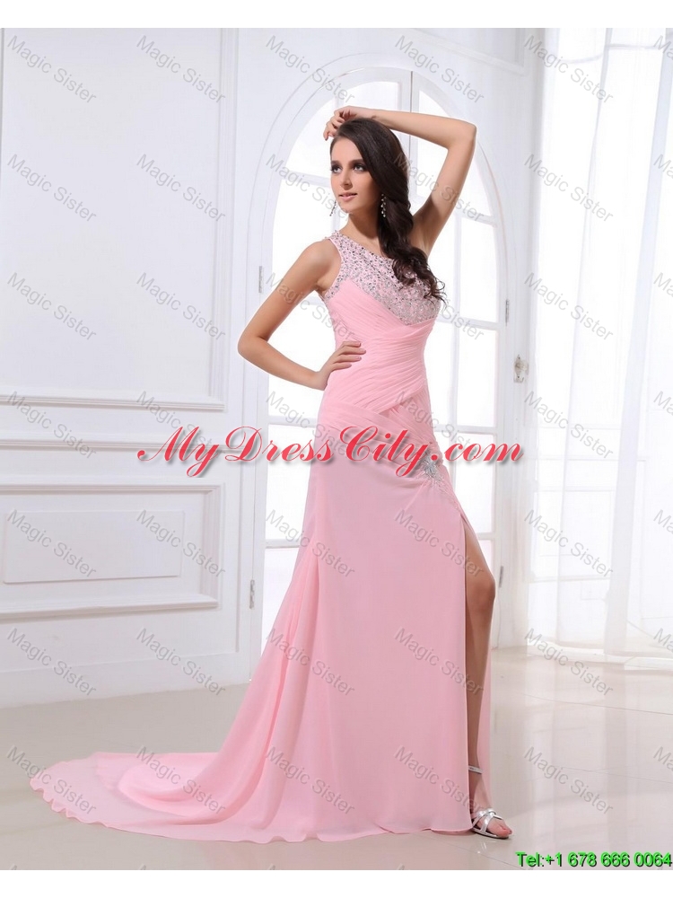 Cheap Column Brush Train Prom Dresses with High Slit and Beading