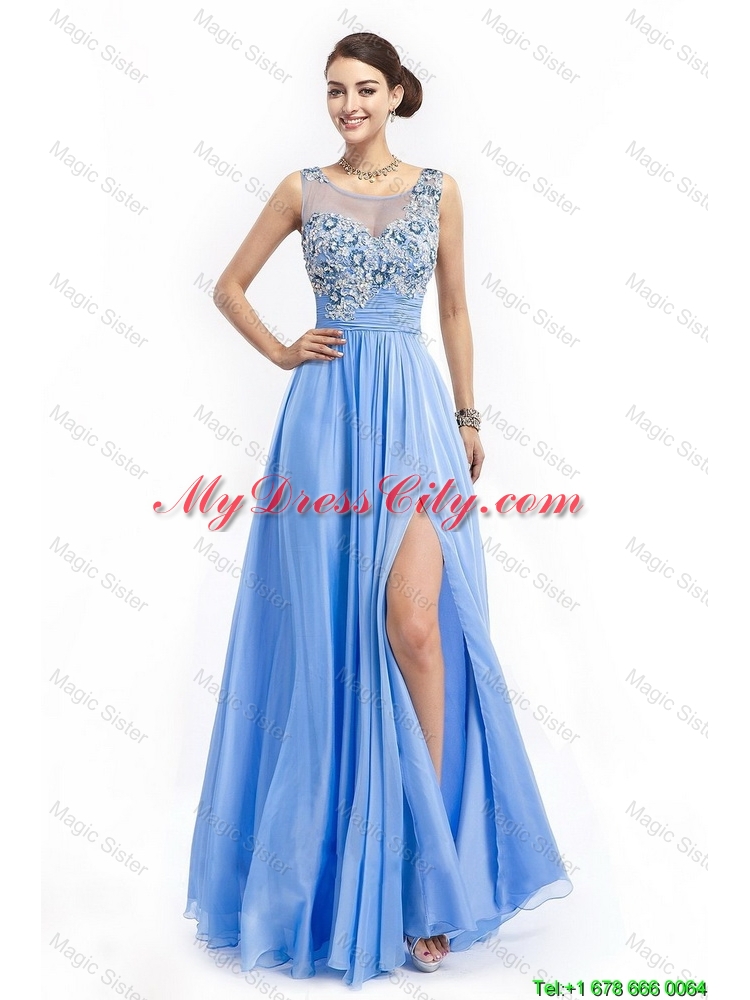 Gorgeous Brush Train Prom Dresses with Appliques and High Slit