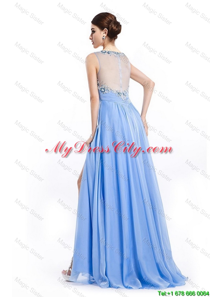 Gorgeous Brush Train Prom Dresses with Appliques and High Slit