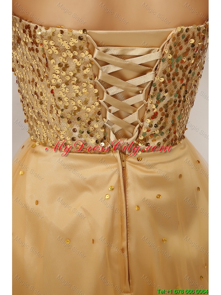 Luxurious A Line Gold Sweetheart Prom Gowns with Lace Up