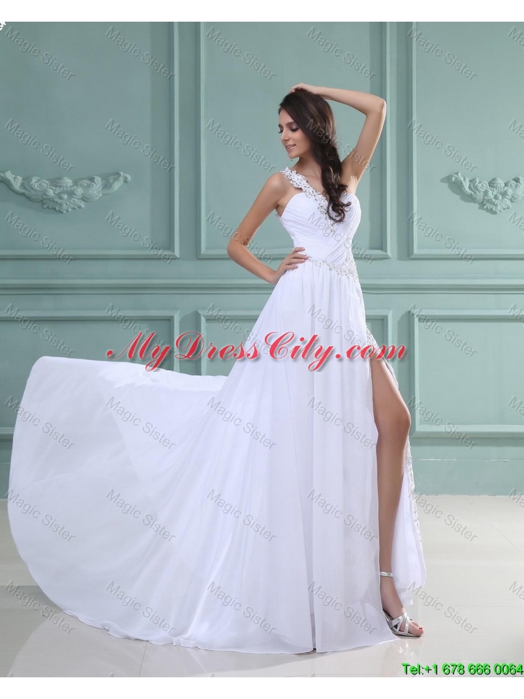 New Arrivals White Brush Train Prom Dresses with High Slit