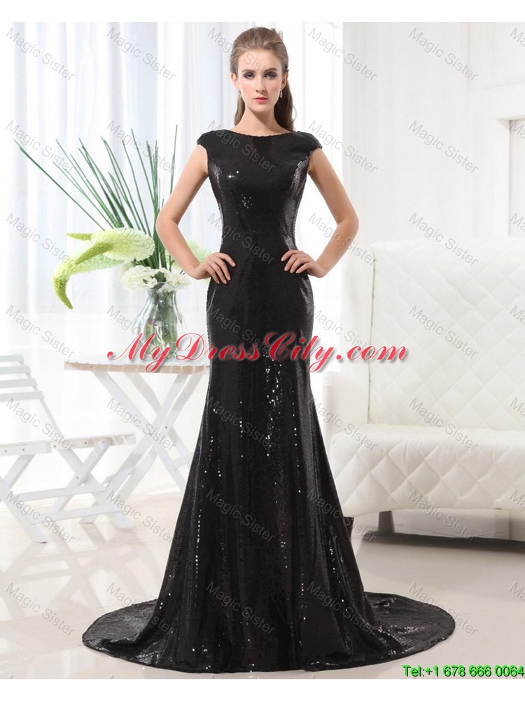 2015 Beautiful Column Bateau Brush Train Sequins Prom Dresses in Black