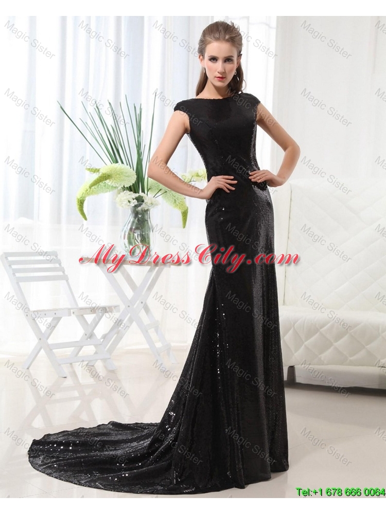 2015 Beautiful Column Bateau Brush Train Sequins Prom Dresses in Black