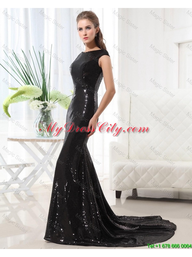 2015 Beautiful Column Bateau Brush Train Sequins Prom Dresses in Black