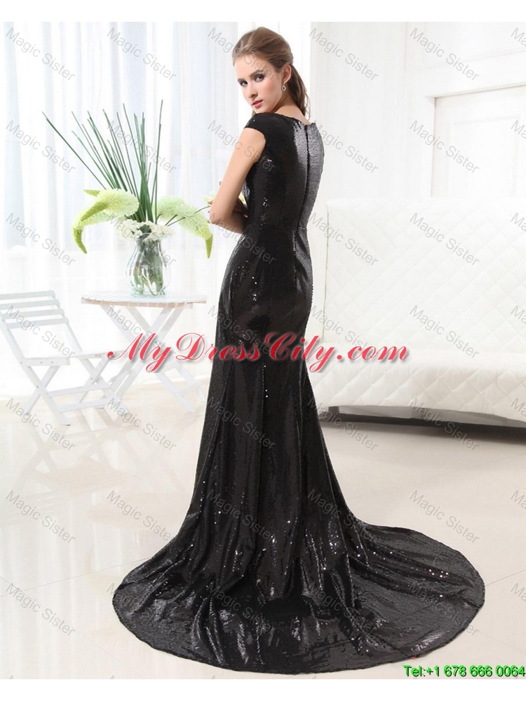 2015 Beautiful Column Bateau Brush Train Sequins Prom Dresses in Black