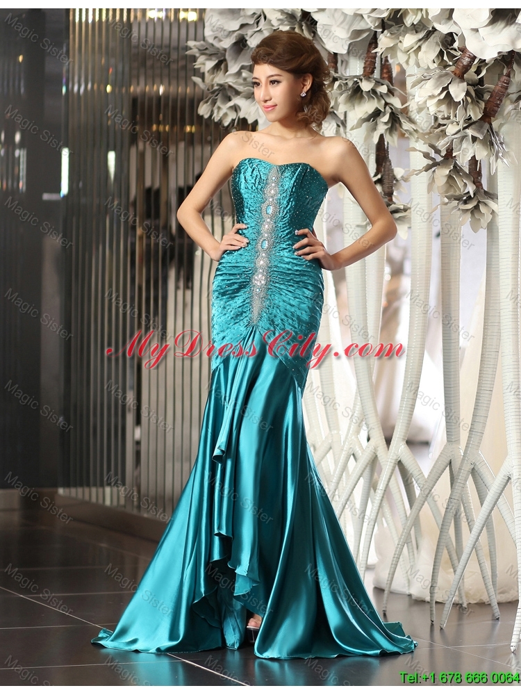 2015 Luxurious Mermaid Brush Train Beaded Prom Dresses in Teal