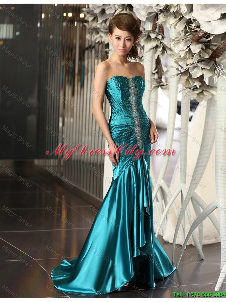 2015 Luxurious Mermaid Brush Train Beaded Prom Dresses in Teal