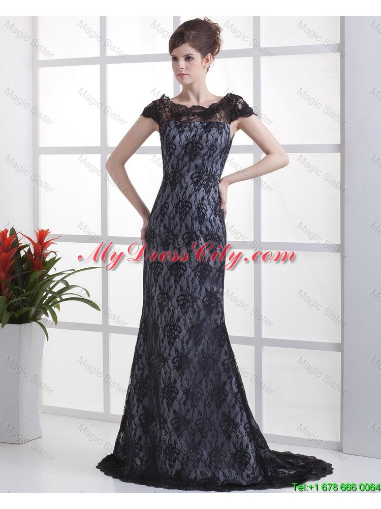 Luxurious Column Lace Black Prom Dresses with Brush Train