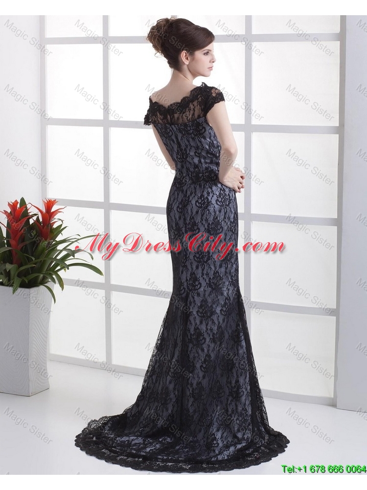 Luxurious Column Lace Black Prom Dresses with Brush Train