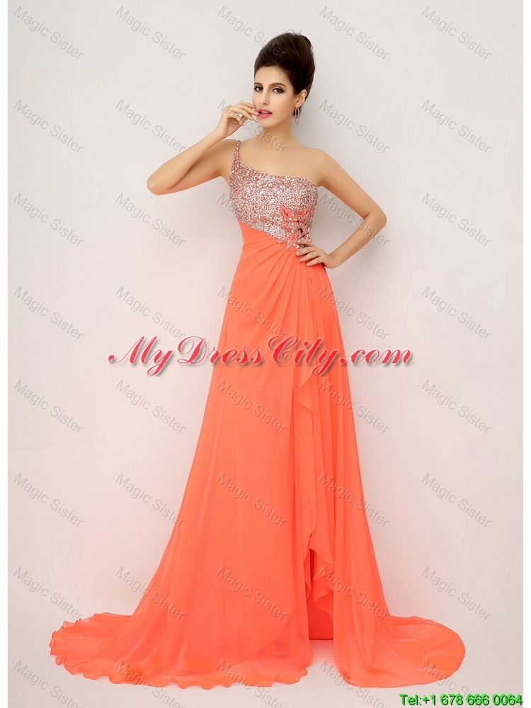 New Arrivals One Shoulder Prom Dresses with High Slit and Sequins