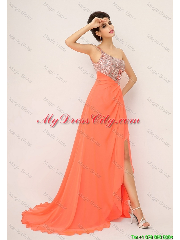 New Arrivals One Shoulder Prom Dresses with High Slit and Sequins