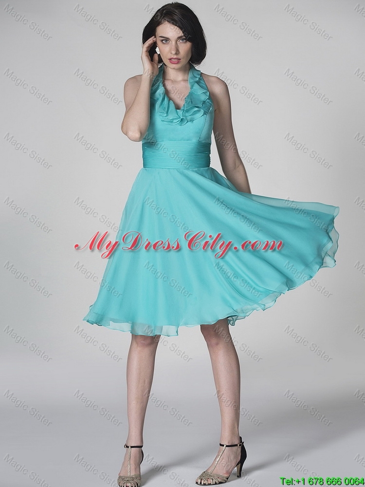 The Super Hot Halter Top Turquoise Prom Dresses with Ruffles and Belt