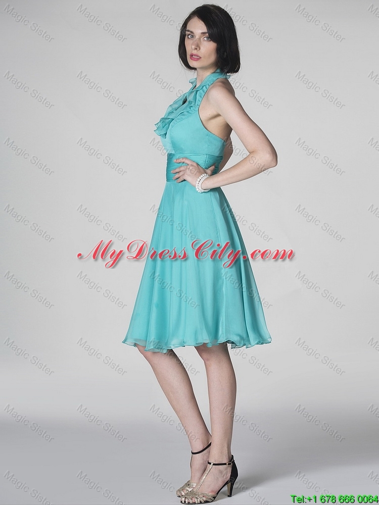 The Super Hot Halter Top Turquoise Prom Dresses with Ruffles and Belt