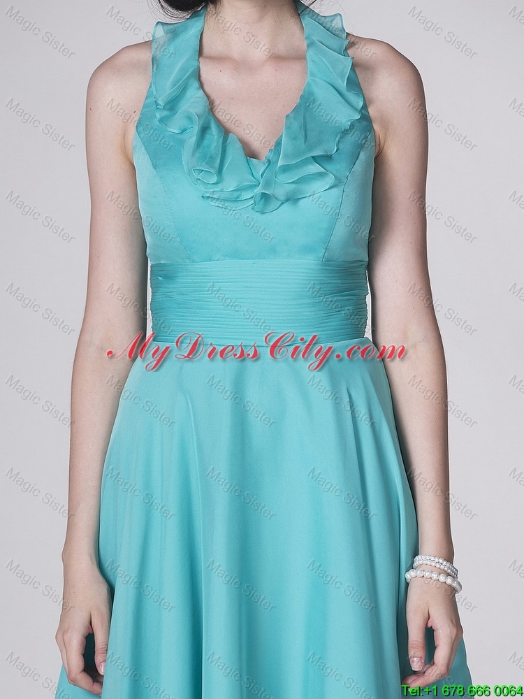 The Super Hot Halter Top Turquoise Prom Dresses with Ruffles and Belt