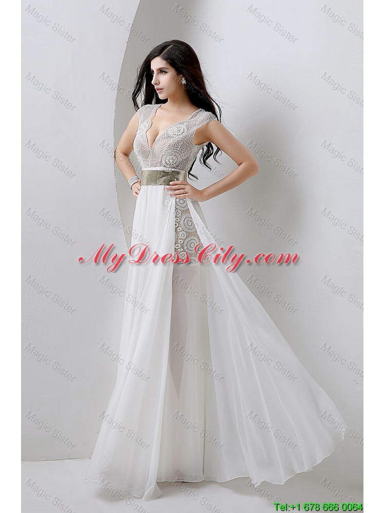 Classical Empire V Neck White Prom Dresses with Beading and Belt