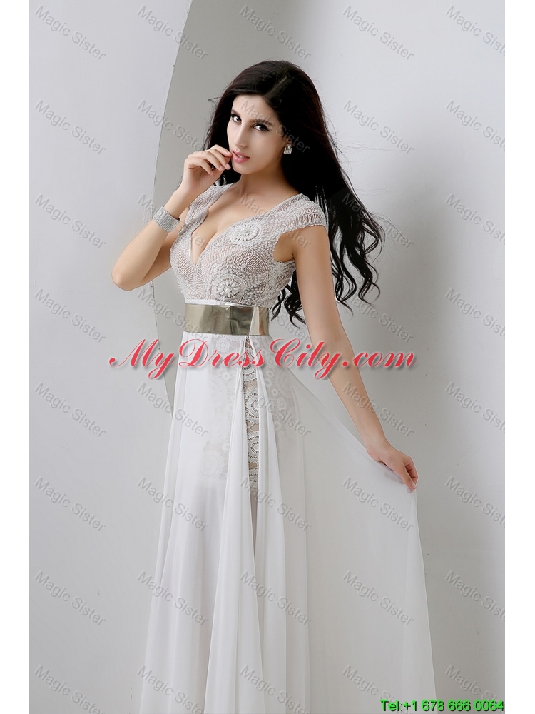 Classical Empire V Neck White Prom Dresses with Beading and Belt