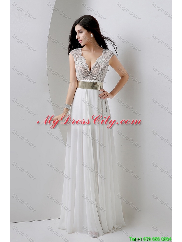 Classical Empire V Neck White Prom Dresses with Beading and Belt