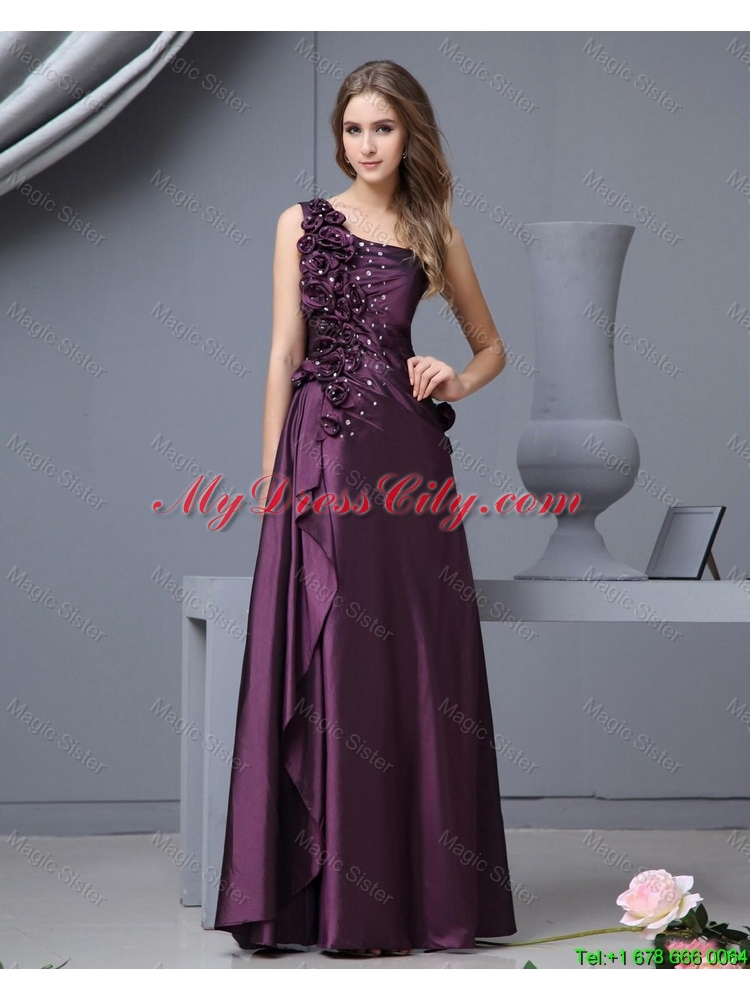 Elegant One Shoulder Beaded Prom Dresses with Hand Made Flowers