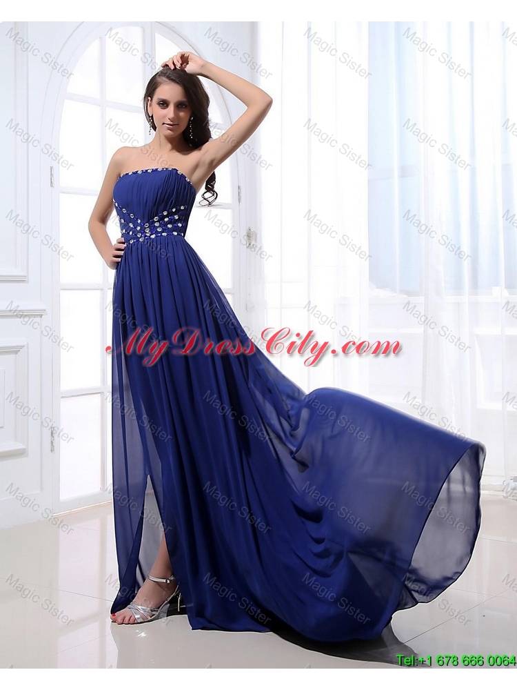 Gorgeous Beading Brush Train Strapless Prom Dresses in Royal Blue