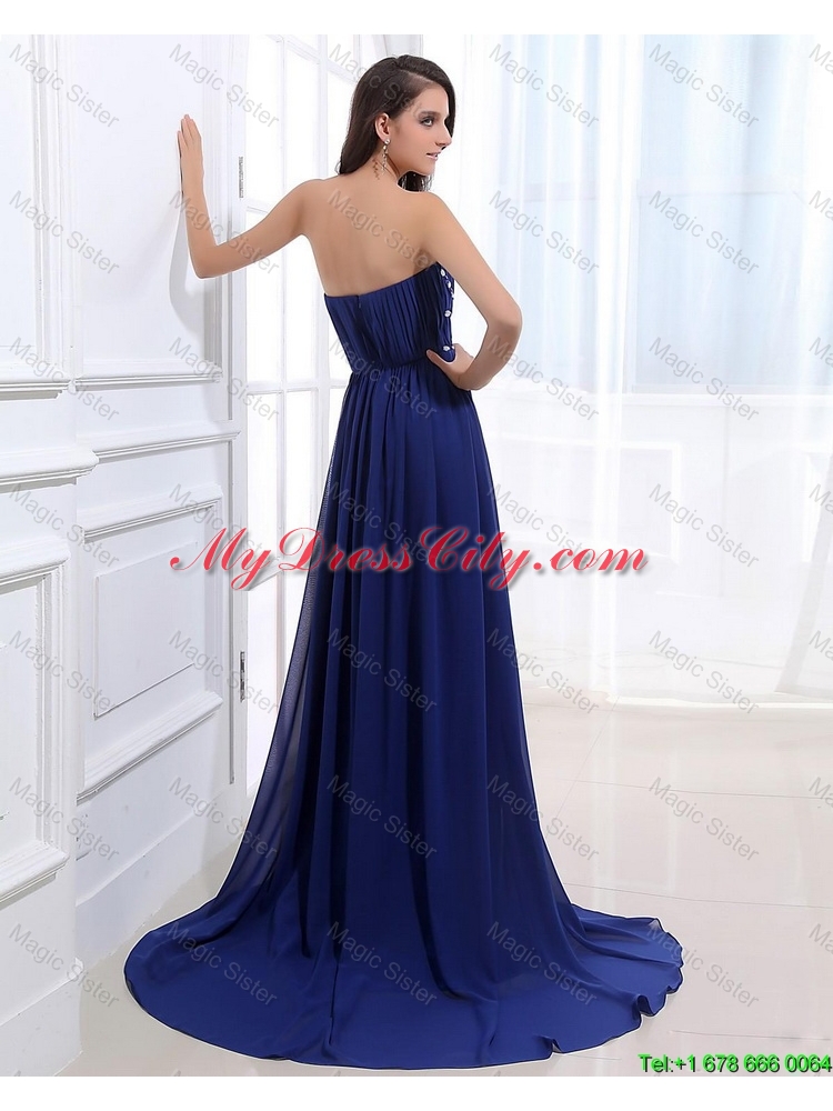 Gorgeous Beading Brush Train Strapless Prom Dresses in Royal Blue