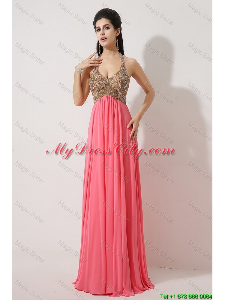 Gorgeous Halter Top Brush Train Prom Dresses in Watermelon Red