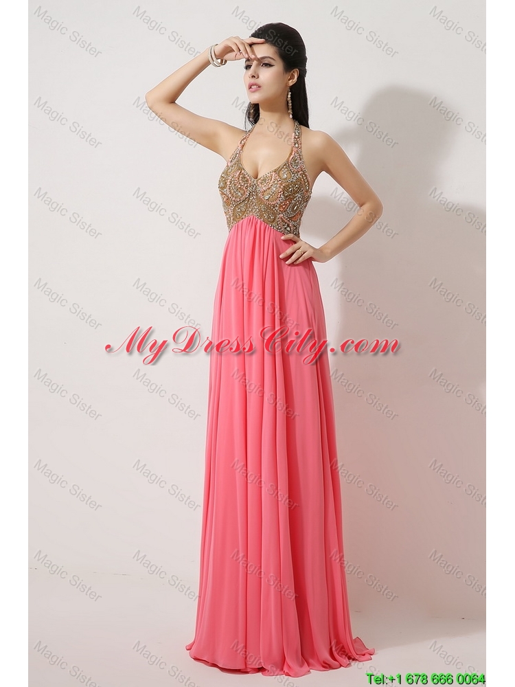 Gorgeous Halter Top Brush Train Prom Dresses in Watermelon Red