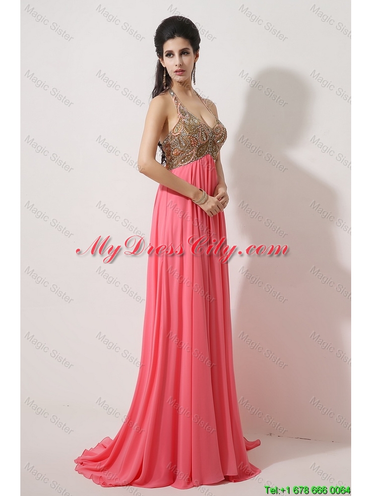 Gorgeous Halter Top Brush Train Prom Dresses in Watermelon Red