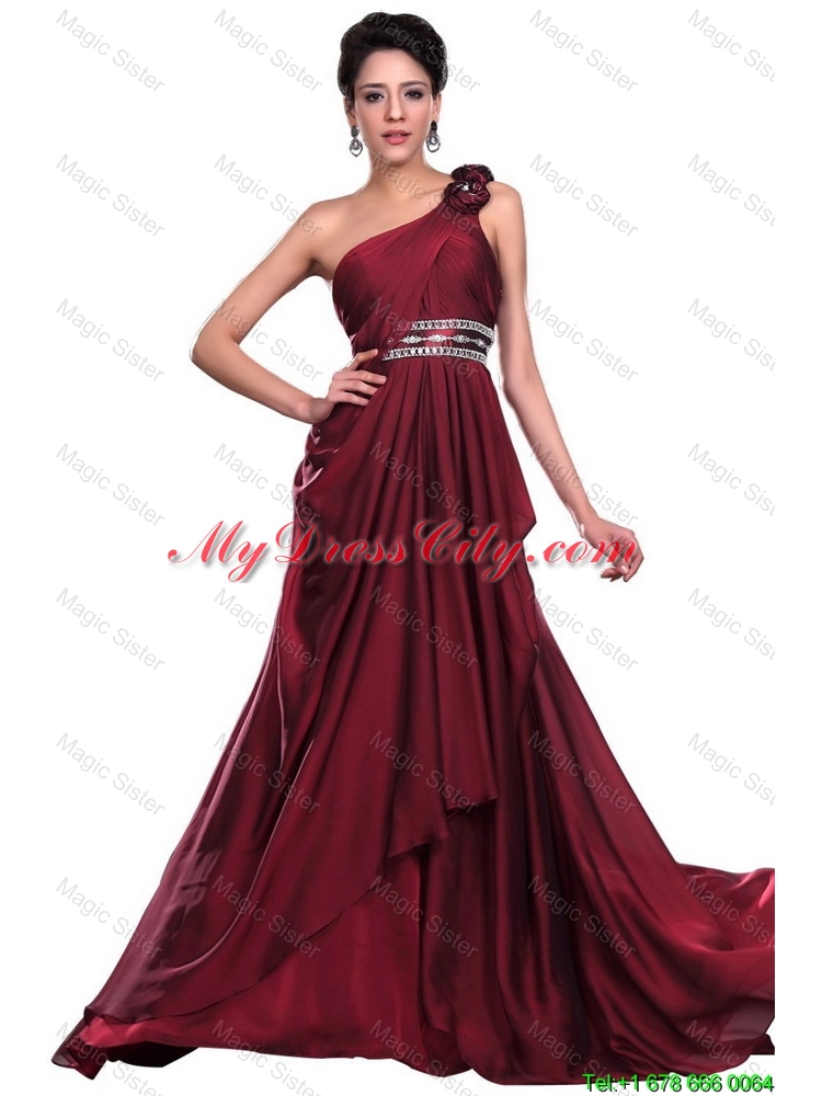 Wine Red Long Prom Dress with Beading and Hand Made Flowers