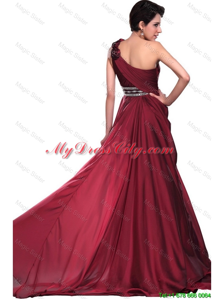 Wine Red Long Prom Dress with Beading and Hand Made Flowers