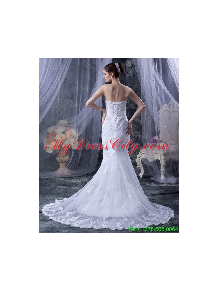 2016 Custom Made Mermaid Strapless Lace Wedding Dresses with Appliques