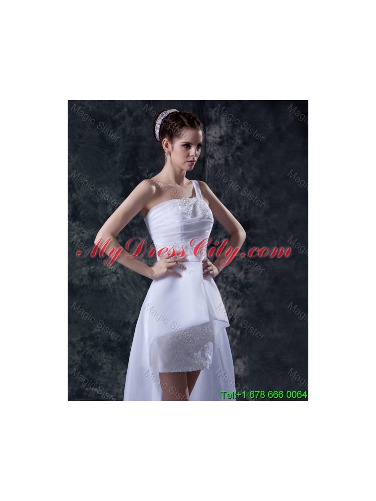 Cheap Column One Shoulder High low Wedding Dresses with Appliques