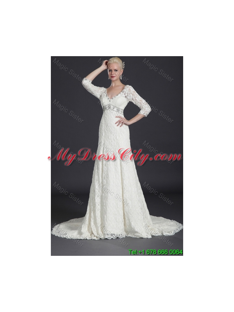 Elegant Empire Lace White Long Wedding Dresses with Court Train for 2016