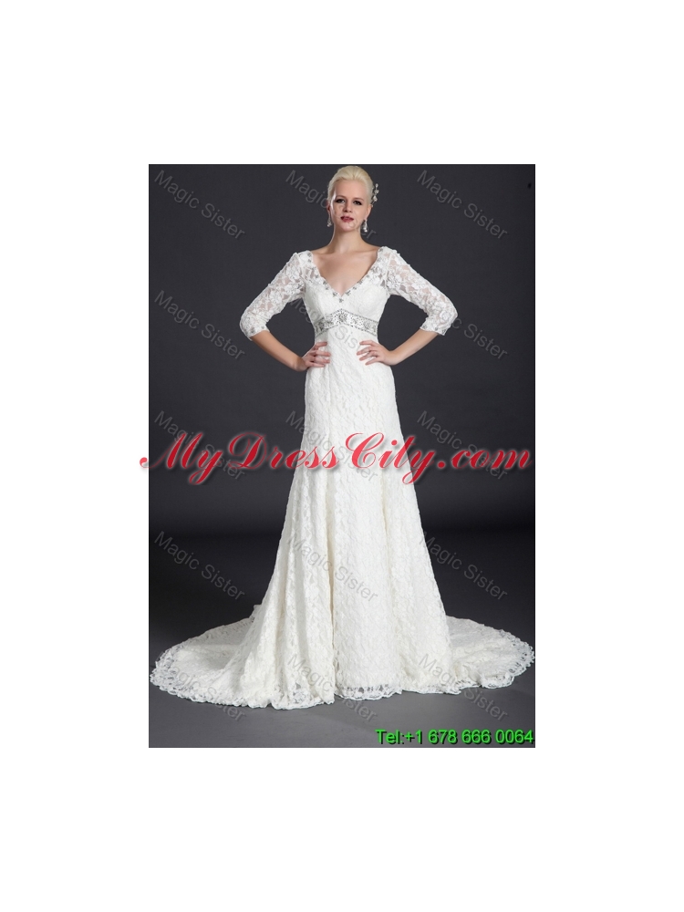 Elegant Empire Lace White Long Wedding Dresses with Court Train for 2016