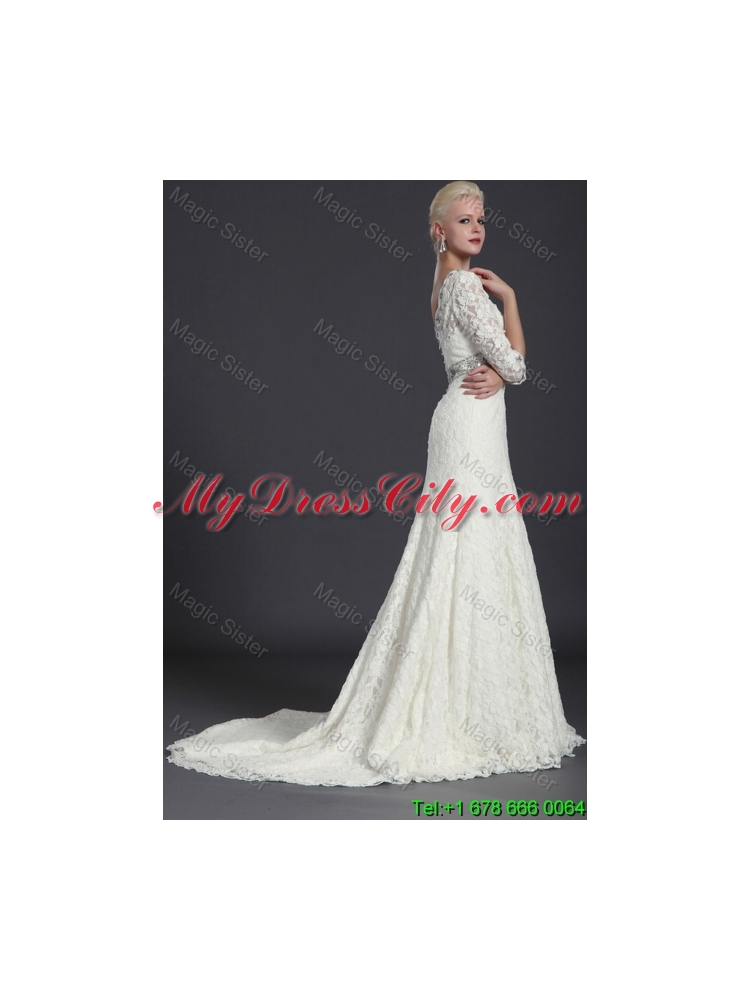 Elegant Empire Lace White Long Wedding Dresses with Court Train for 2016