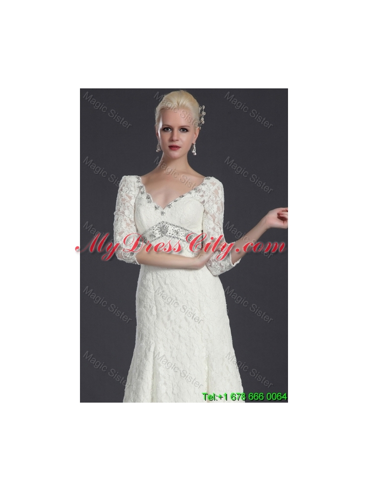 Elegant Empire Lace White Long Wedding Dresses with Court Train for 2016