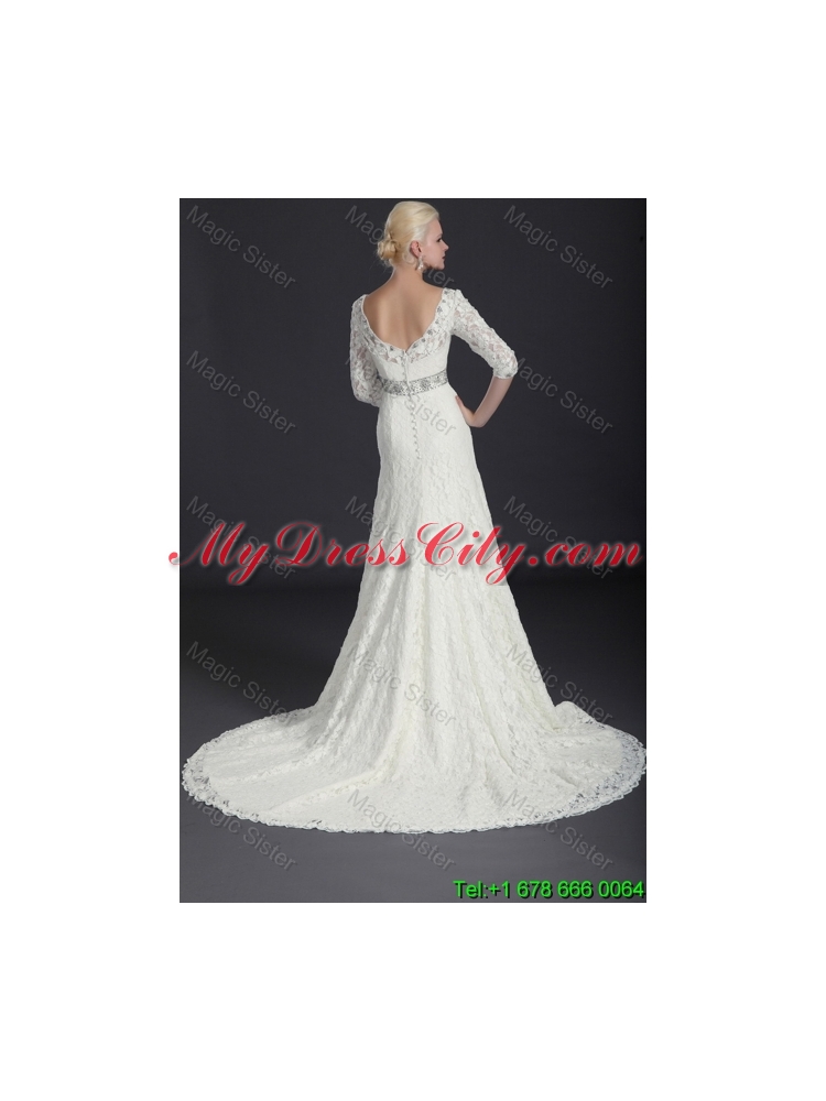 Elegant Empire Lace White Long Wedding Dresses with Court Train for 2016