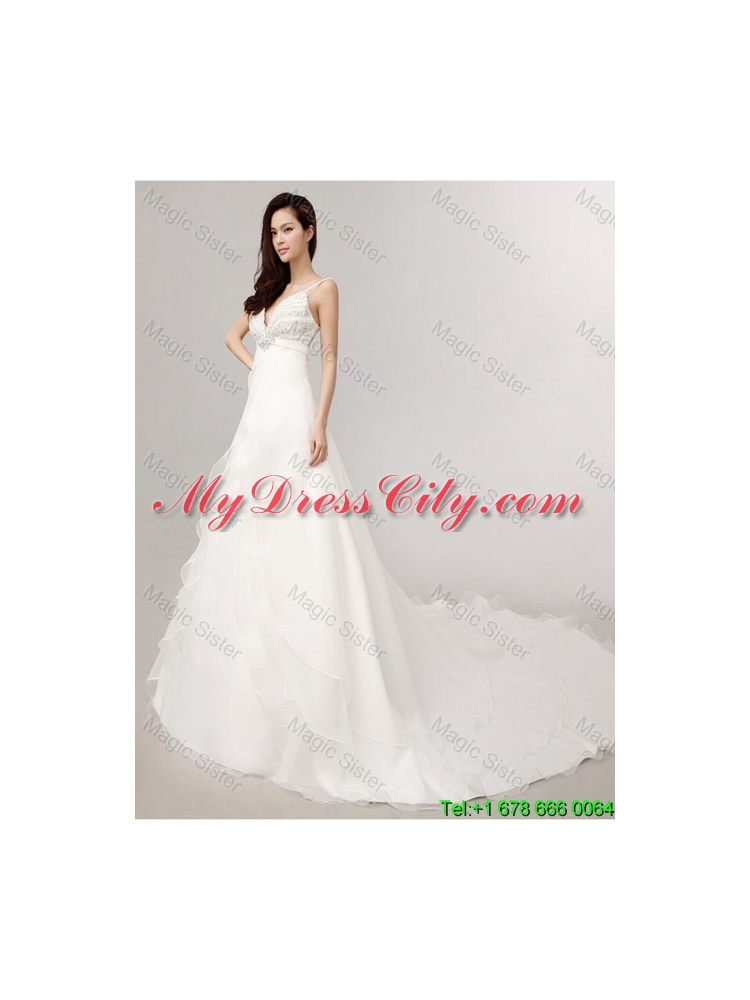 2016 Romantic A Line Spaghetti Straps Court Train Wedding Dress with Beading