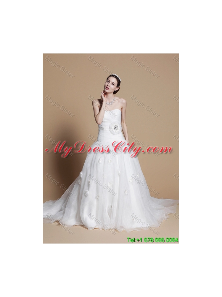 2016 Romantic A Line Strapless Wedding Dresses with Hand Made Flowers