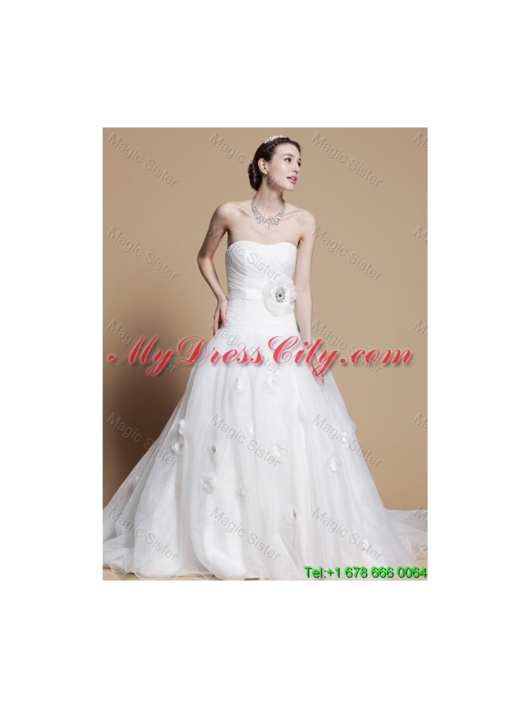 2016 Romantic A Line Strapless Wedding Dresses with Hand Made Flowers