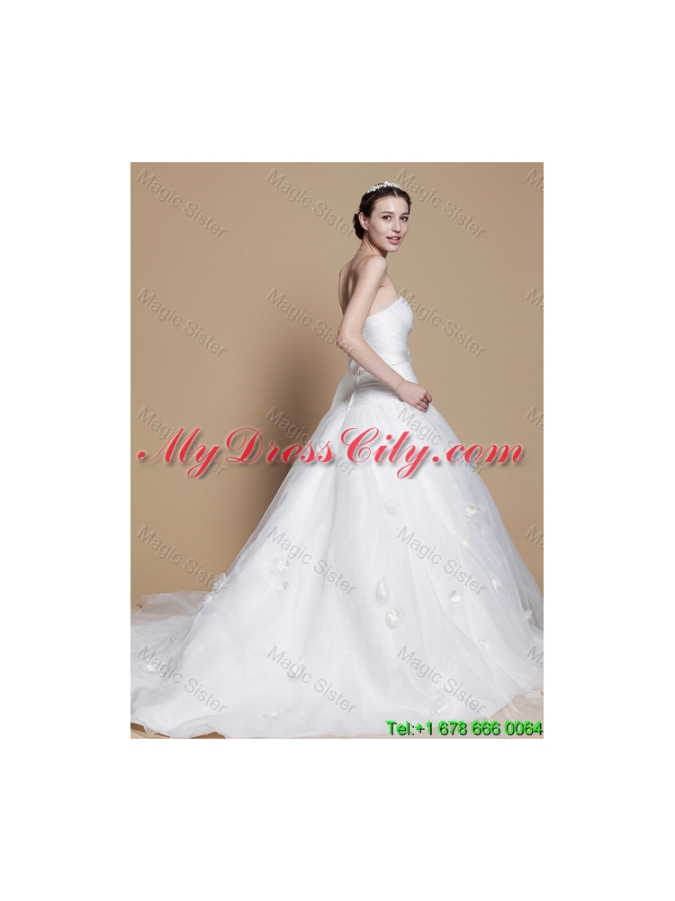 2016 Romantic A Line Strapless Wedding Dresses with Hand Made Flowers