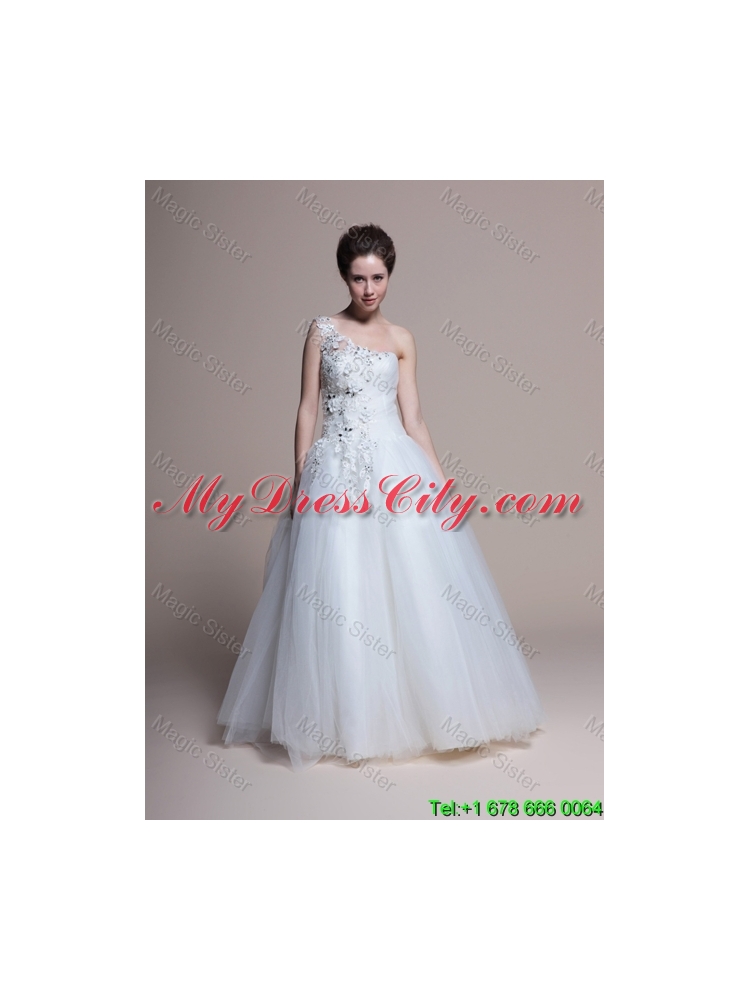 Affordable A Line One Shoulder Appliques Wedding Dresses in Tulle